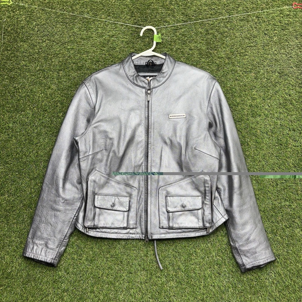Harley Davidson Leather Jacket Womens Large Silver Biker Riding Y2K Zip Up